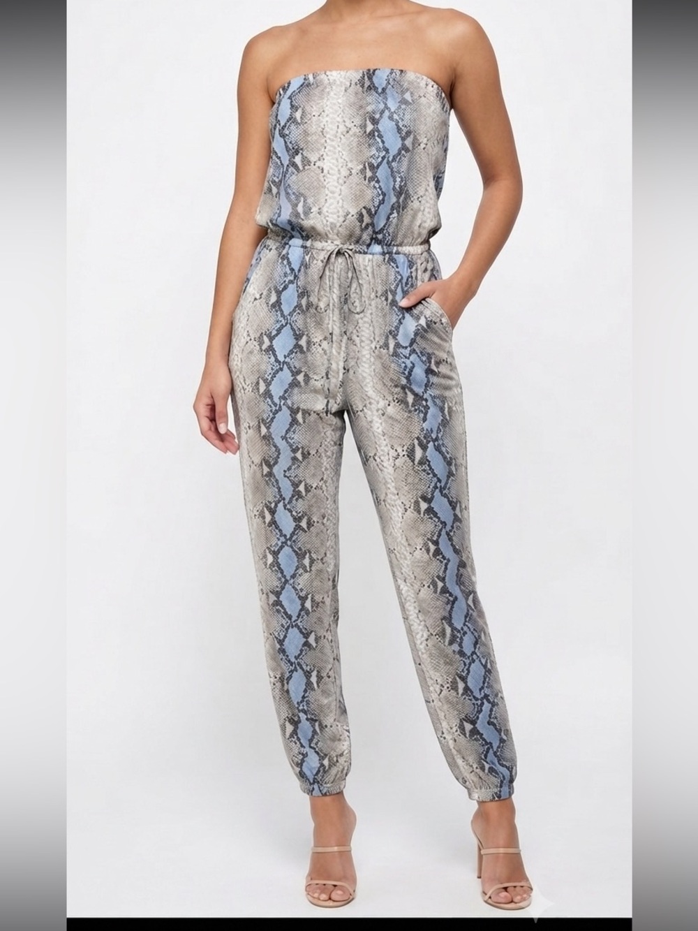 Ariella Strapless Snake-Print Jumpsuit in Taupe and Gray